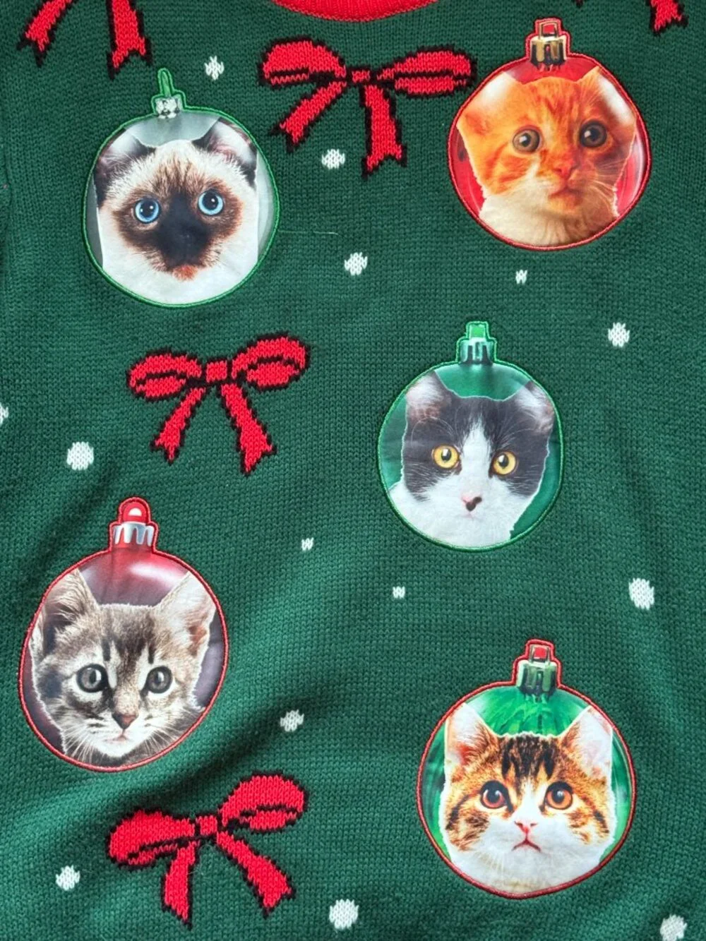 Green ugly Christmas sweater large cats ornaments holiday party girlhoodcore